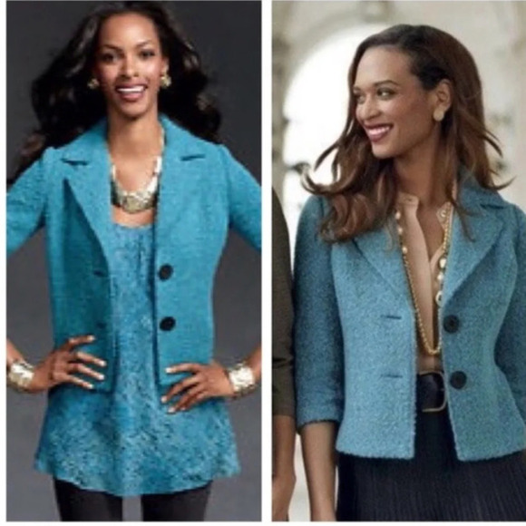 CAbi 186 Jacket Blazer Teal Turquoise Blue Boucle Tweed Wool Blend Size 6 Small - Picture 1 of 8